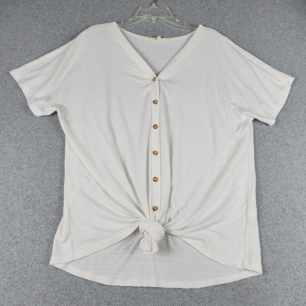 Above‎ and Beyond Top Women 1X White Short Sleeve Slub Knit Button Front Tie Hem
